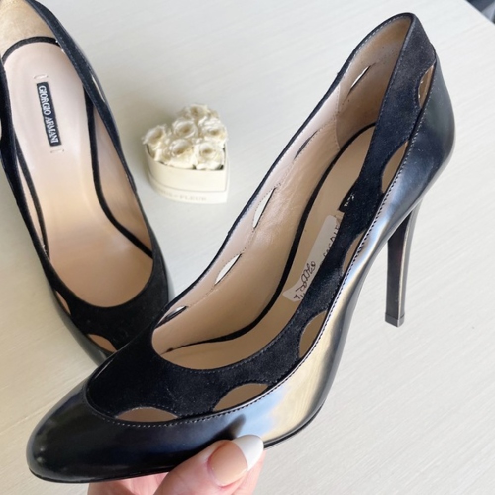 🆕 Giorgio Armani Leather & Suede Cut Out High Heel Pumps - Picture 5 of 12